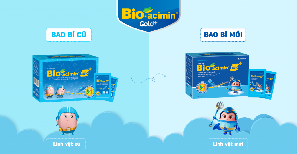 Chi tiết thay đổi bao bì và hình ảnh linh vật của sản phẩm Bio-acimin Gold+