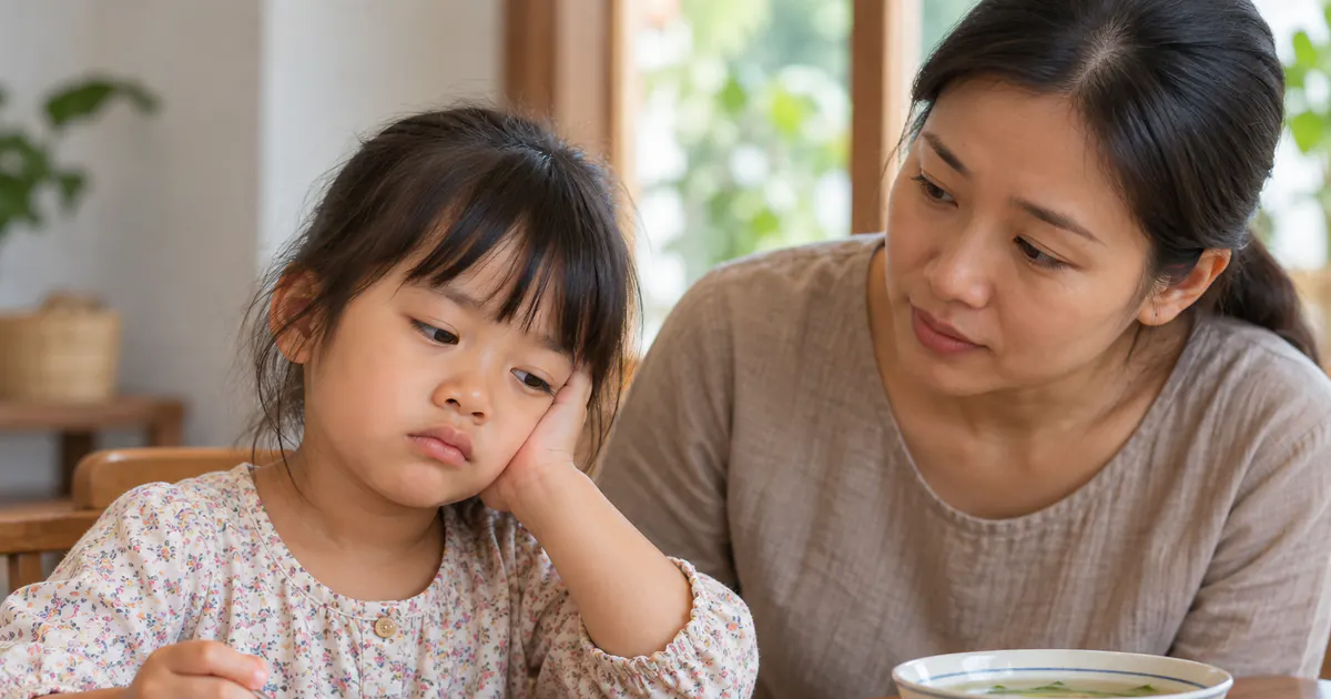 Cha mẹ quan sát dấu hiệu trẻ thiếu năng lượng trong khẩu phần hằng ngày khi con mệt và ăn ít
