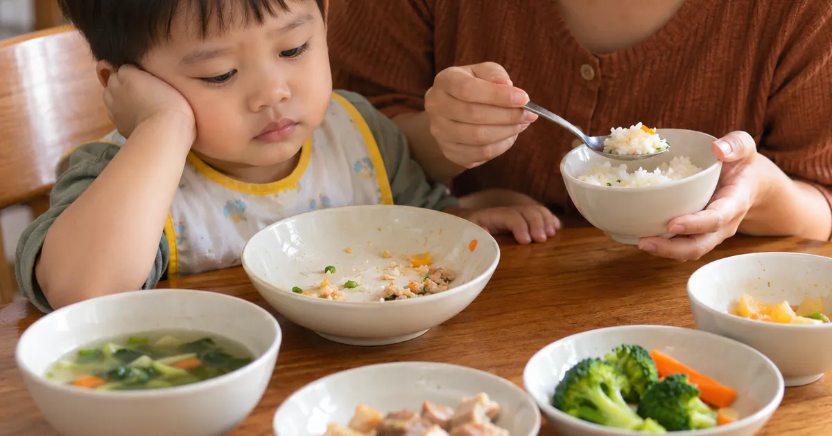 Khẩu phần nhỏ gồm nhiều nhóm thực phẩm để cha mẹ theo dõi lượng trẻ ăn