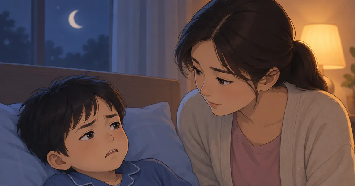 Trẻ tỉnh giấc vì đau bụng ban đêm và được cha mẹ theo dõi