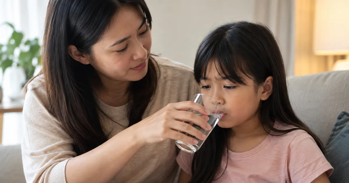 Cha mẹ cho trẻ nhấp nước lọc và nghỉ khi bị đầy bụng