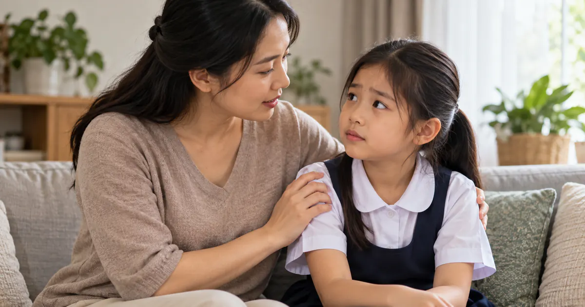 Mẹ trò chuyện nhẹ nhàng với trẻ về việc đi ngoài ở trường
