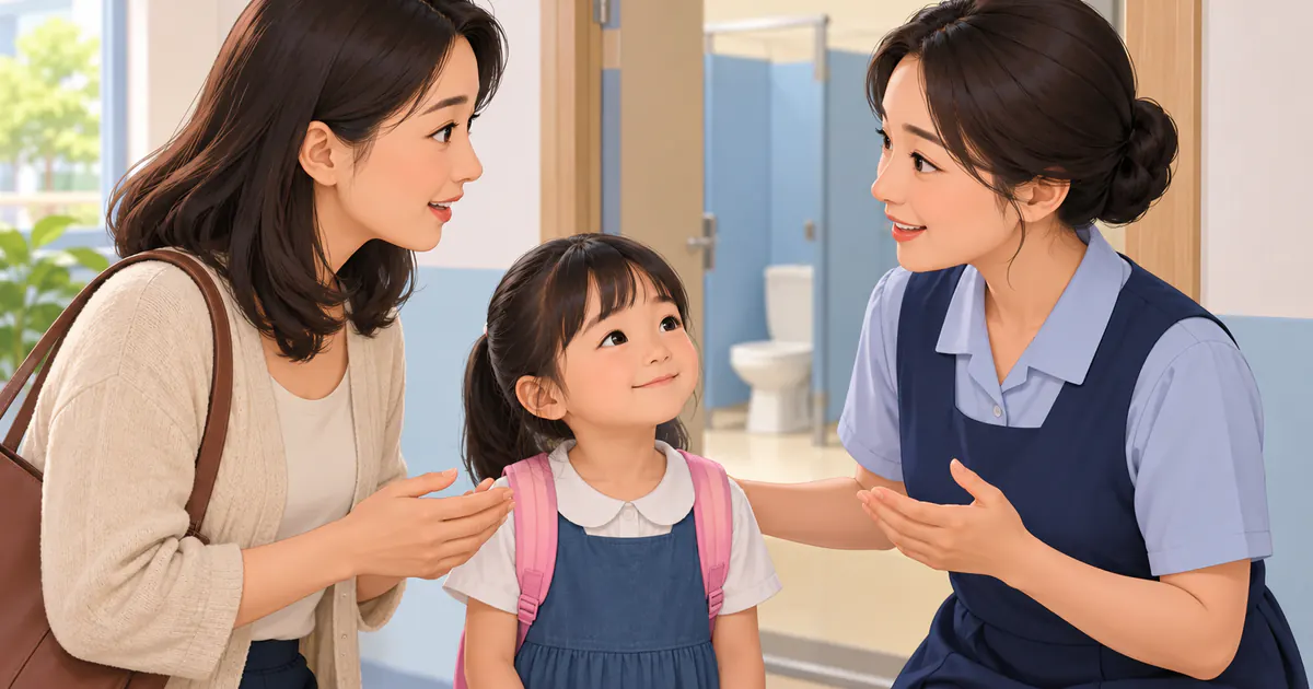 Phụ huynh trao đổi kín đáo với giáo viên để hỗ trợ lịch đi vệ sinh của trẻ