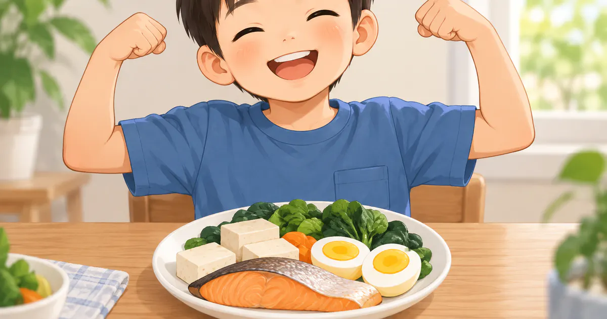 Bữa ăn có cá, trứng, đậu phụ và rau hỗ trợ cung cấp protein cùng vi chất