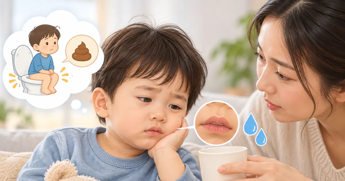Minh họa trẻ mệt và khô môi là dấu hiệu mất nước cần chú ý