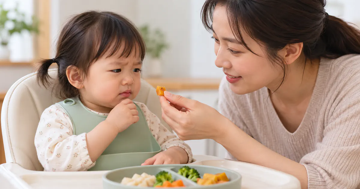 Trẻ ngồi thẳng và được người lớn giám sát khi thử món ăn có mùi mới