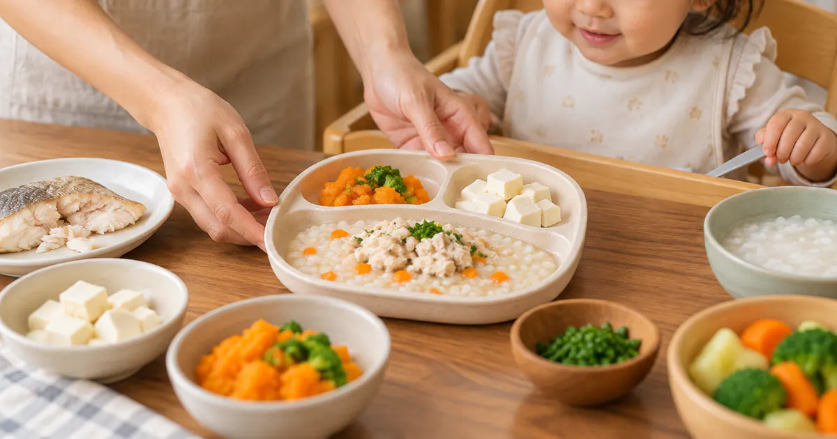 Cha mẹ chuẩn bị bữa ăn minh họa cách bảo đảm đủ đạm trong khẩu phần của trẻ