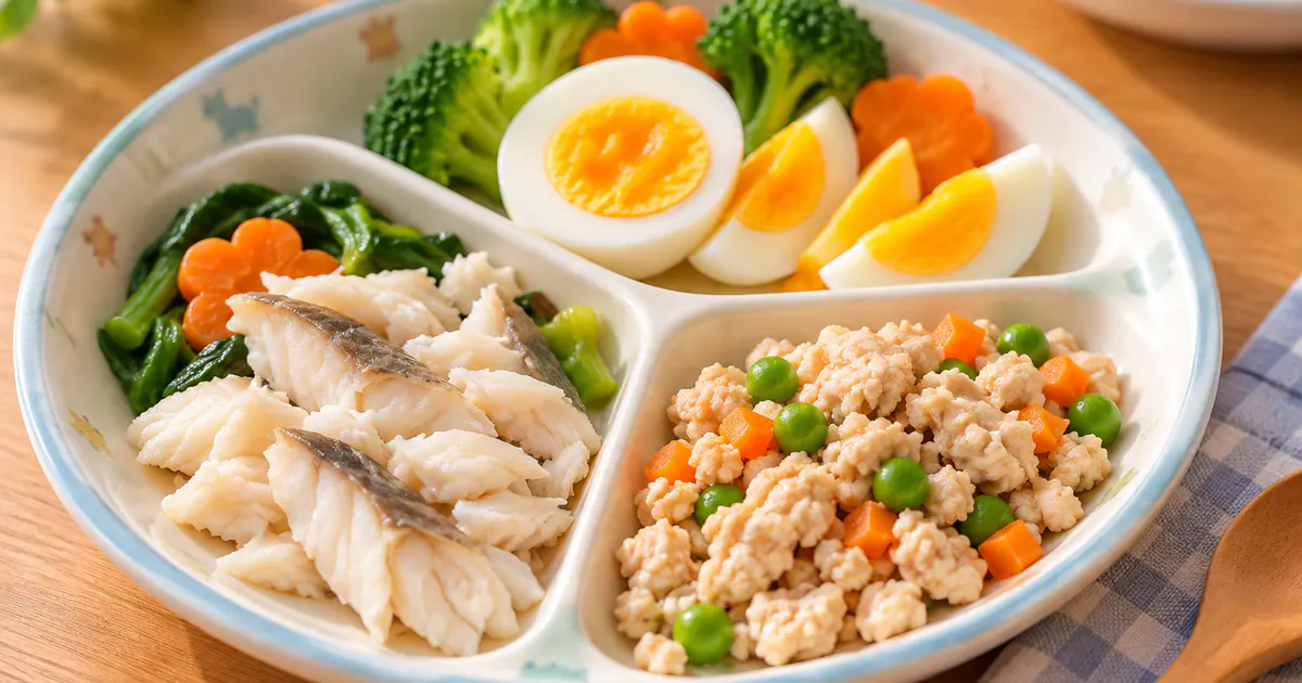Các nguồn đạm động vật gồm trứng, cá và thịt gà được luân phiên trong bữa trẻ