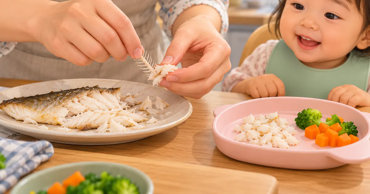 Người chăm sóc gỡ kỹ xương cá và chia miếng mềm an toàn cho trẻ