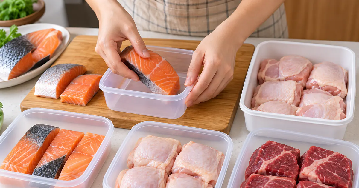 Thịt cá sống được phân loại và chia thành khẩu phần nhỏ cho trẻ