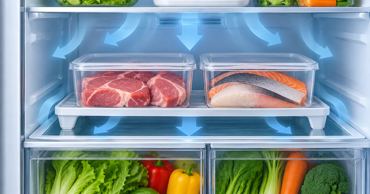 Thịt cá sống đặt trong hộp kín ở ngăn thấp và tách khỏi thức ăn chín