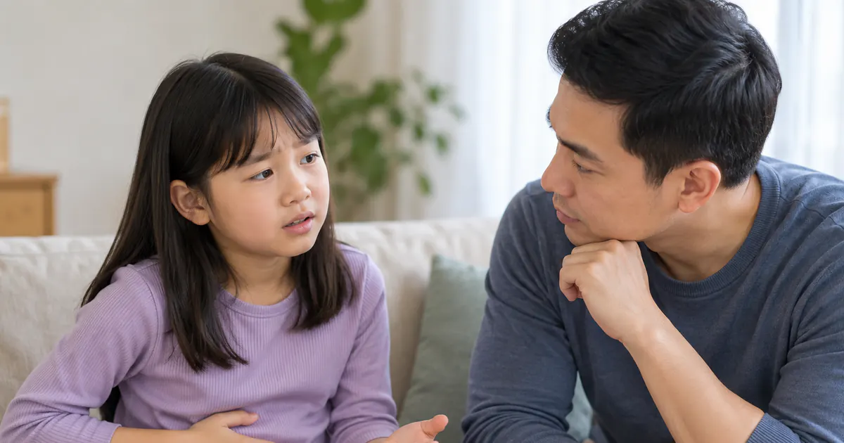 Cha lắng nghe trẻ trả lời câu hỏi ngắn về cơn đau bụng