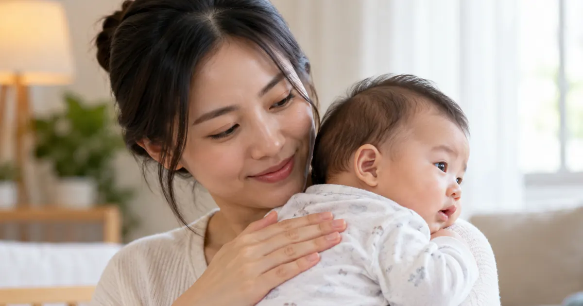 Mẹ thực hiện cách giúp trẻ ợ hơi sau khi bú bình bằng tư thế bế trên vai