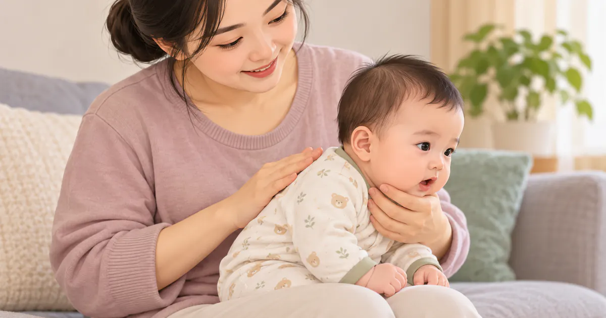 Tư thế đỡ cằm và ngực khi cho trẻ ngồi trên đùi để ợ hơi
