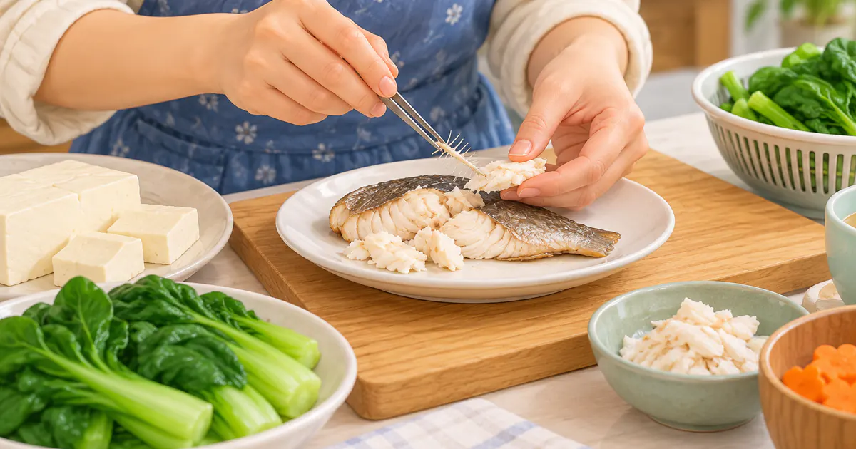 Người chăm sóc chuẩn bị cá, đậu phụ và rau an toàn cho trẻ