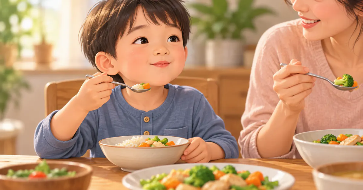 Minh họa trẻ ngồi ăn chậm và nhai kỹ với người chăm sóc bên cạnh