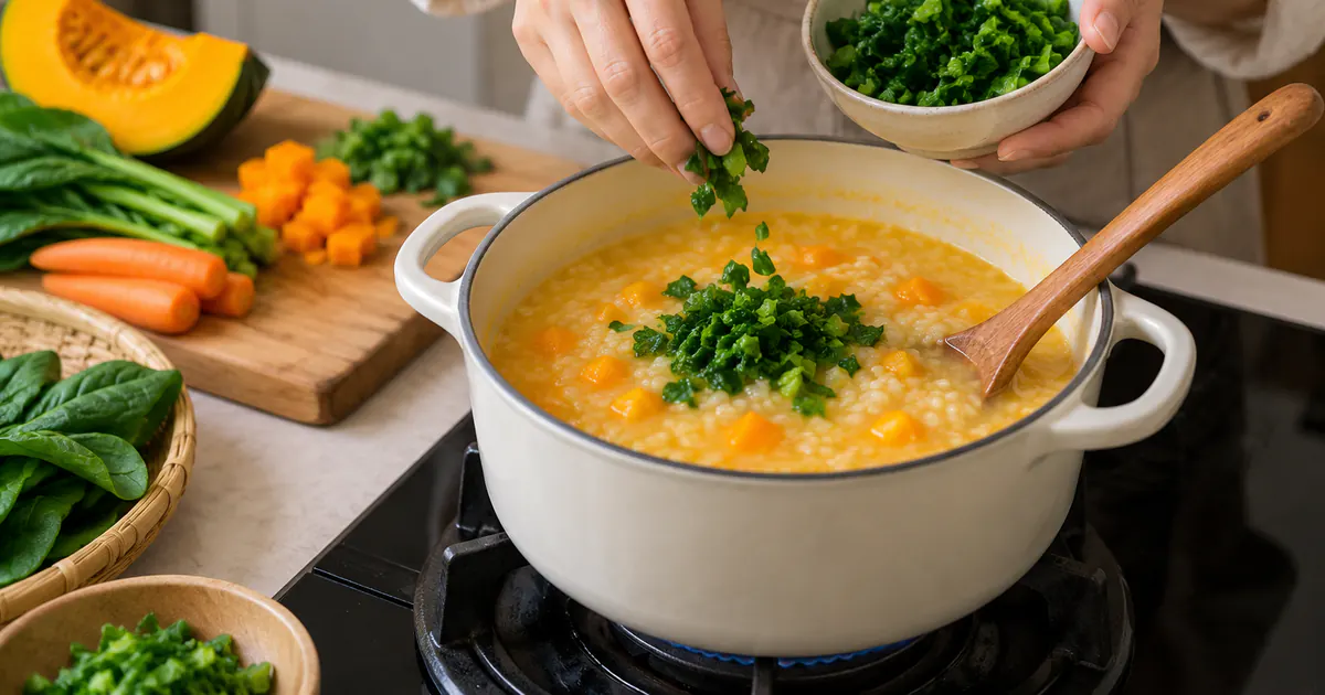 Cho rau xanh vào cháo bí đỏ ở giai đoạn cuối để giữ màu và vị