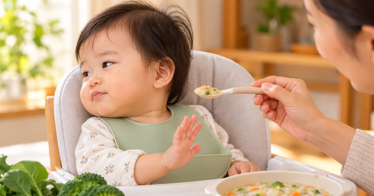 Bé ngồi thẳng và thể hiện tín hiệu no khi ăn cháo rau củ có độ thô phù hợp