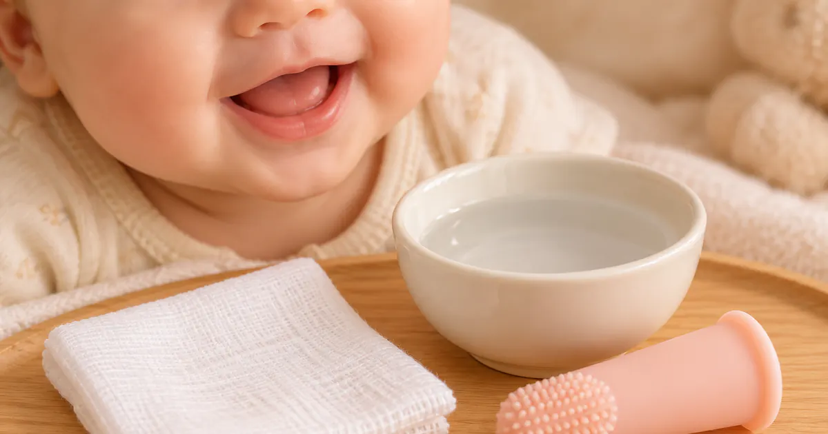Gạc mềm, nước sạch và dụng cụ phù hợp để vệ sinh nướu cho trẻ
