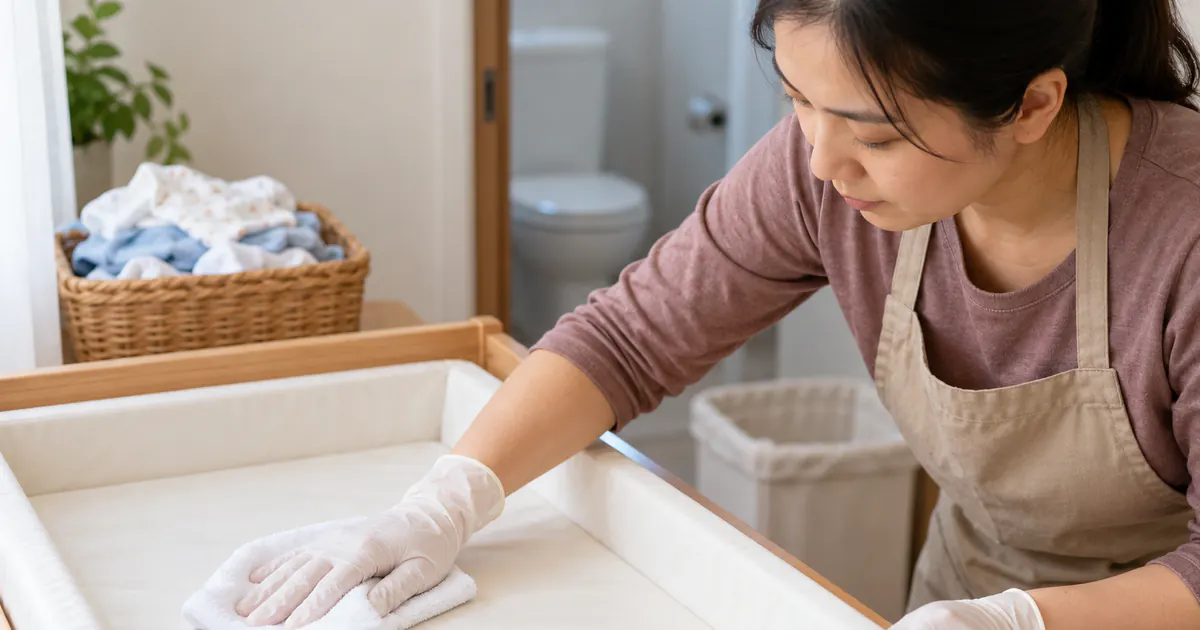Người chăm sóc làm sạch bề mặt thay tã sau khi trẻ bị tiêu chảy