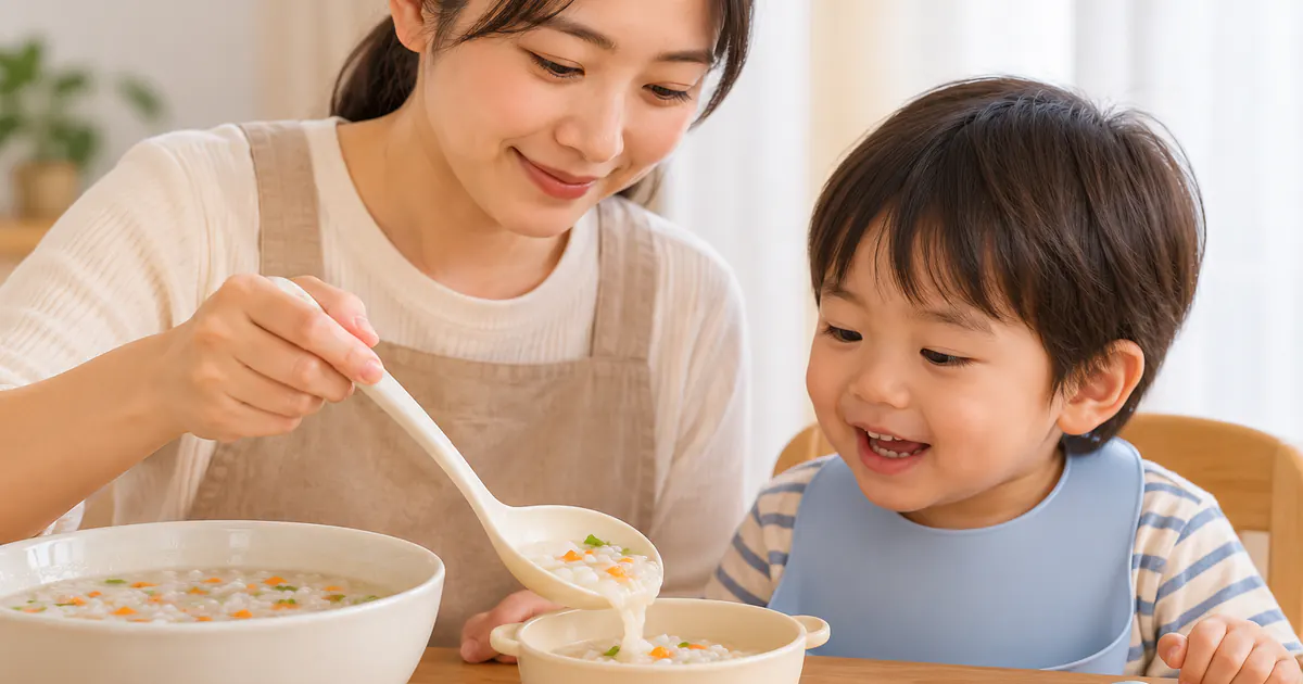 Người chăm sóc dùng thìa sạch chia khẩu phần nhỏ vào bát ăn của trẻ