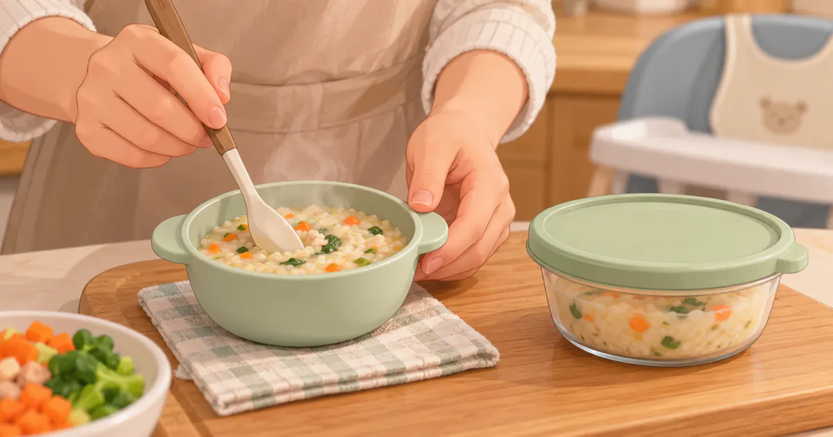 Một khẩu phần nhỏ thức ăn của trẻ được hâm và khuấy đều trước bữa ăn
