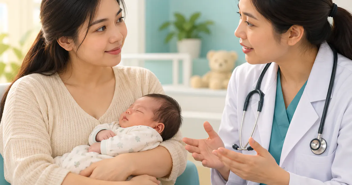 Mẹ đưa trẻ sơ sinh đến hỏi bác sĩ trước khi sử dụng men vi sinh