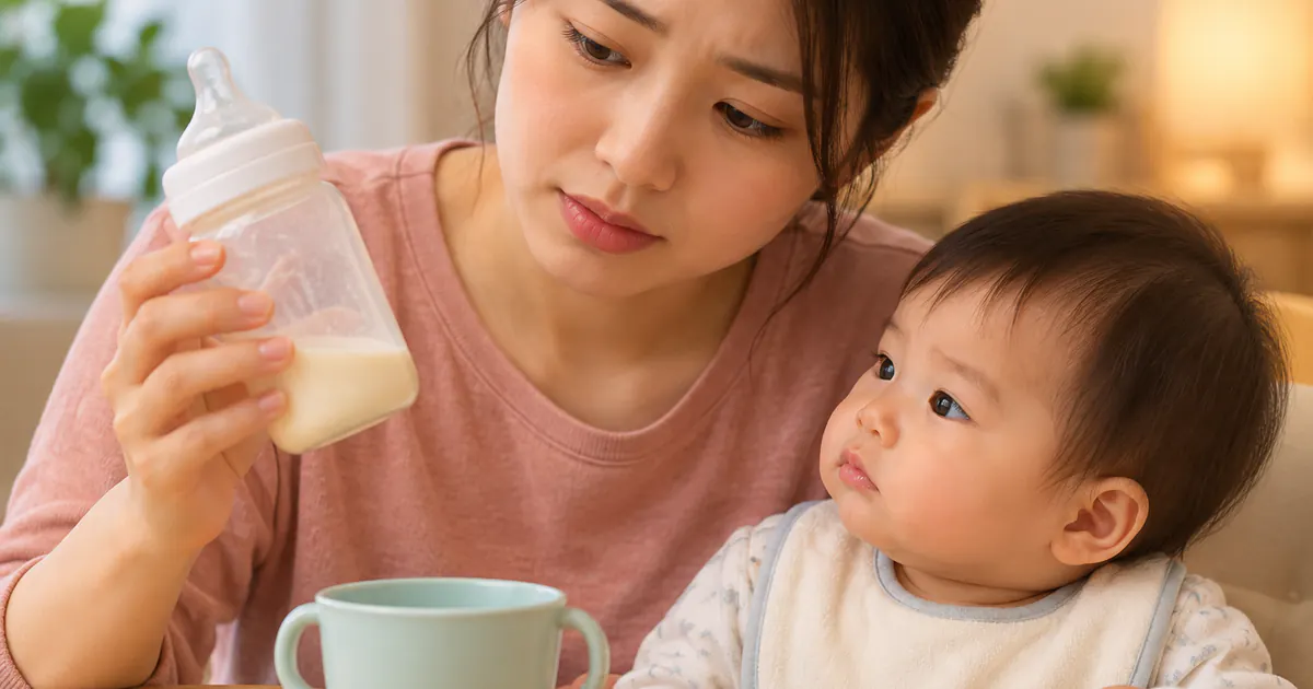 Bình sữa còn thừa minh họa nguy cơ trẻ không dùng hết lượng men đã pha