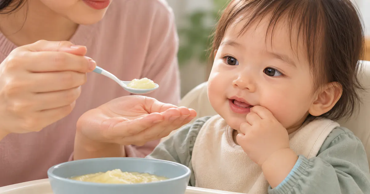 Người chăm sóc kiểm tra nhiệt độ món mềm cho trẻ đang đau nướu mọc răng
