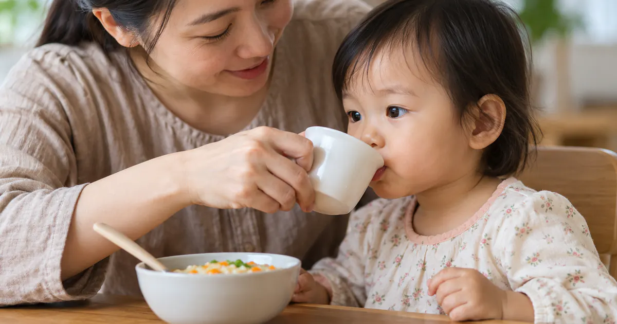 Trẻ mọc răng uống từng ngụm nhỏ bên cạnh bát thức ăn mềm giàu dinh dưỡng