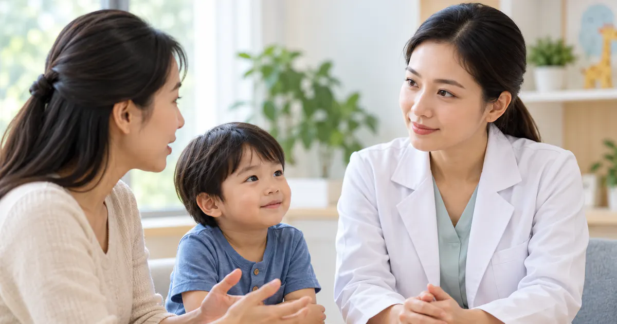 Cha mẹ trao đổi với bác sĩ về lựa chọn men vi sinh cho trẻ dị ứng sữa bò