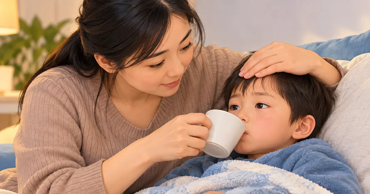Người chăm sóc cho trẻ sốt uống từng ngụm nước và theo dõi toàn trạng