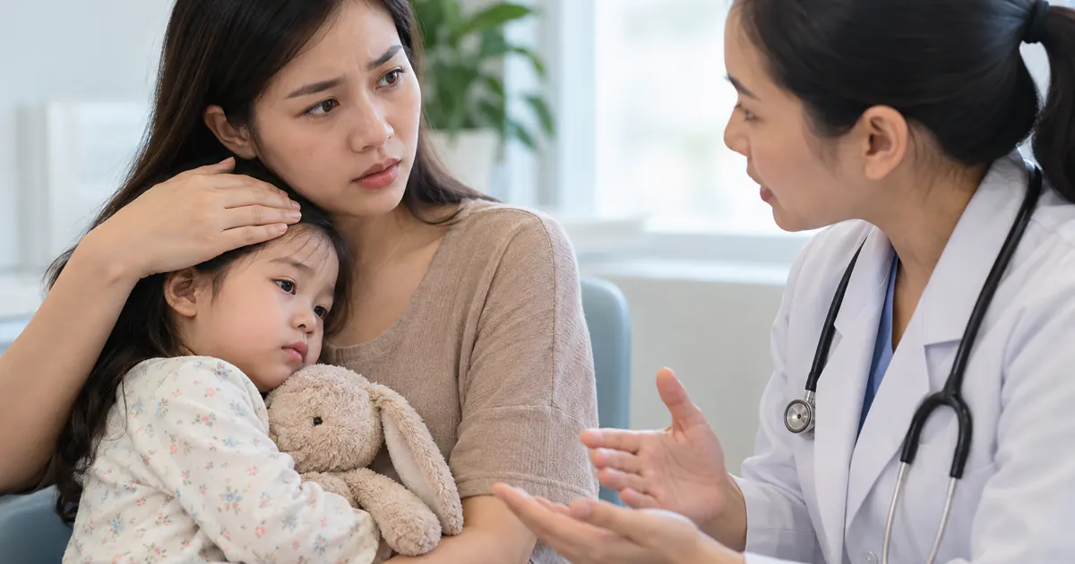 Cha mẹ đưa trẻ sốt mệt đến gặp nhân viên y tế để được đánh giá