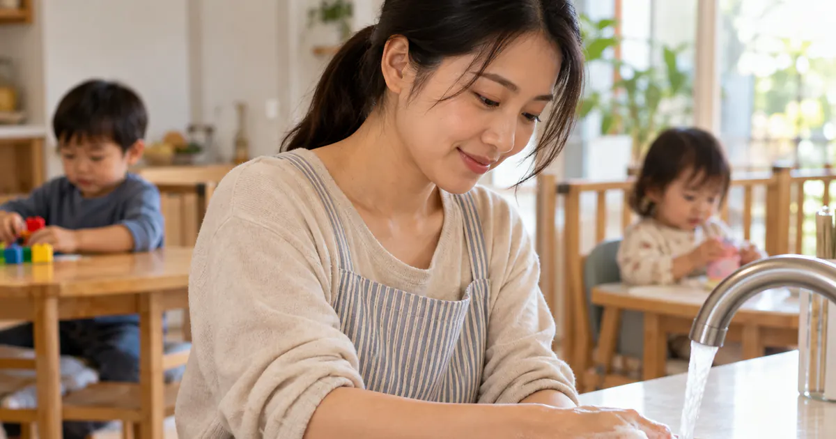 Mẹ rửa tay để phòng lây bệnh tiêu hóa khi chăm hai trẻ nhỏ