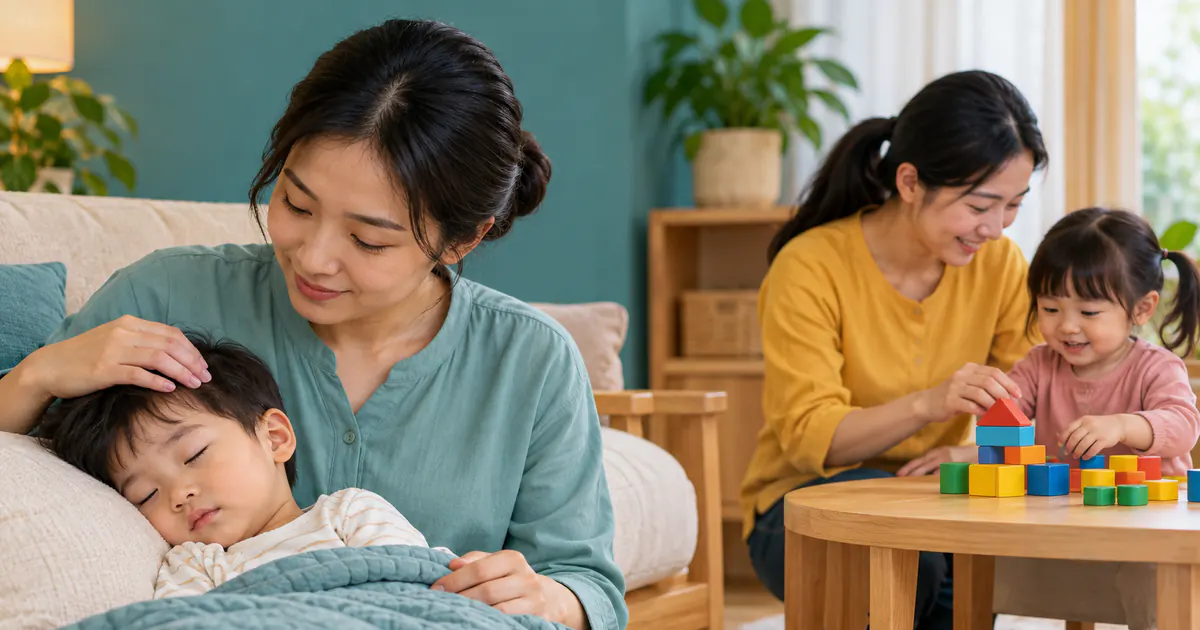 Hai người lớn phân công chăm riêng hai trẻ để giảm nguy cơ lây bệnh tiêu hóa