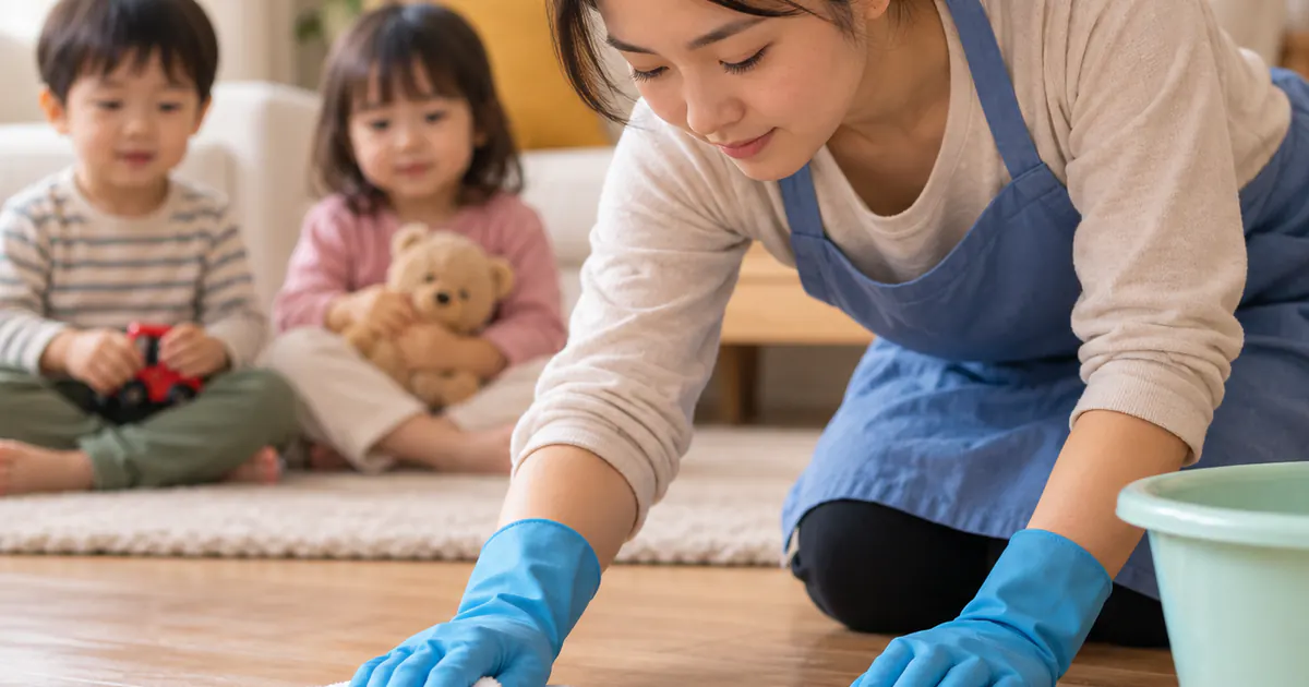Người chăm làm sạch khu vực nhiễm bẩn và giữ trẻ cách xa