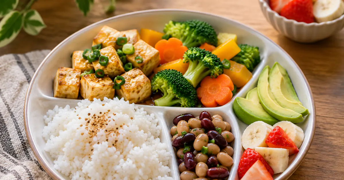 Khẩu phần chay cân đối cho trẻ với cơm, đậu phụ, rau và quả bơ