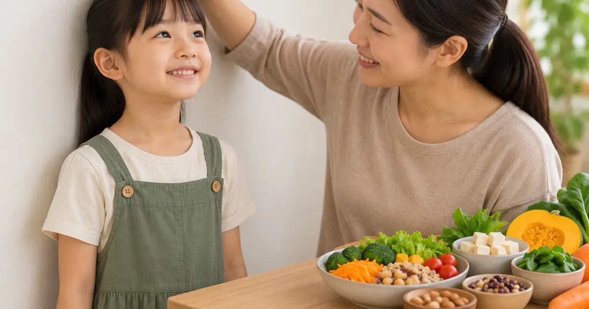 Cha mẹ theo dõi chiều cao và điều chỉnh thực đơn chay của trẻ