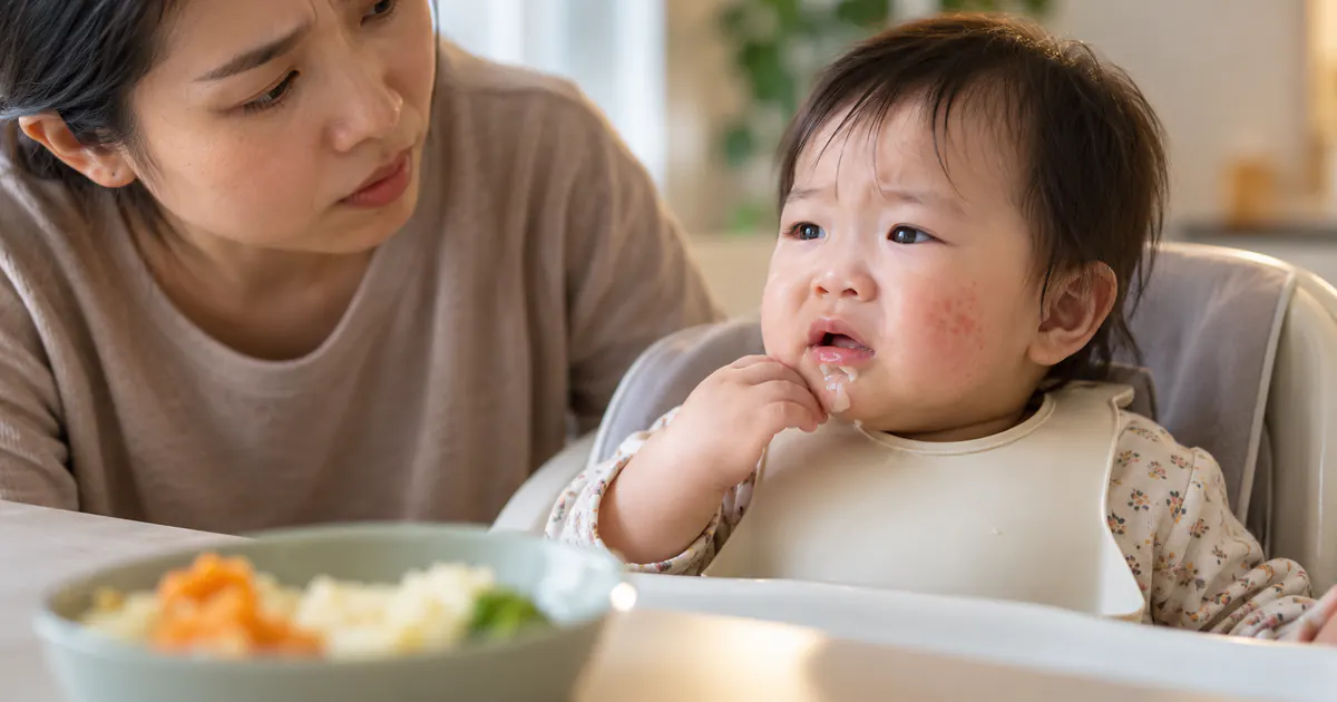 Cha mẹ quan sát phát ban và biểu hiện dị ứng sau khi trẻ thử món mới