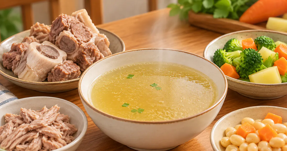 Nước hầm xương bên cạnh phần thịt, đậu và rau giàu dưỡng chất