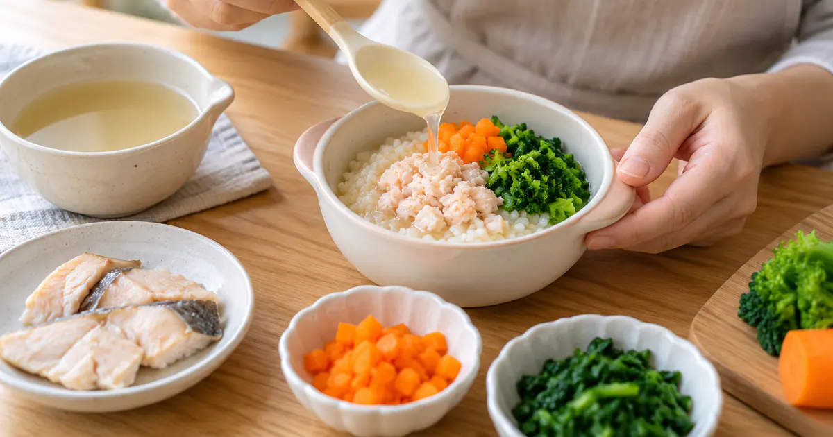 Bữa ăn dặm cân đối gồm tinh bột, cá, rau và nước dùng vừa đủ