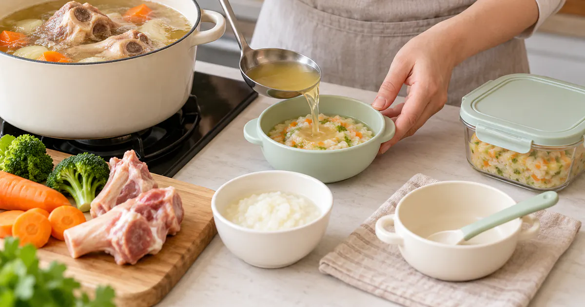 Chuẩn bị nước hầm và thức ăn dặm sạch, chín kỹ, không nêm mặn