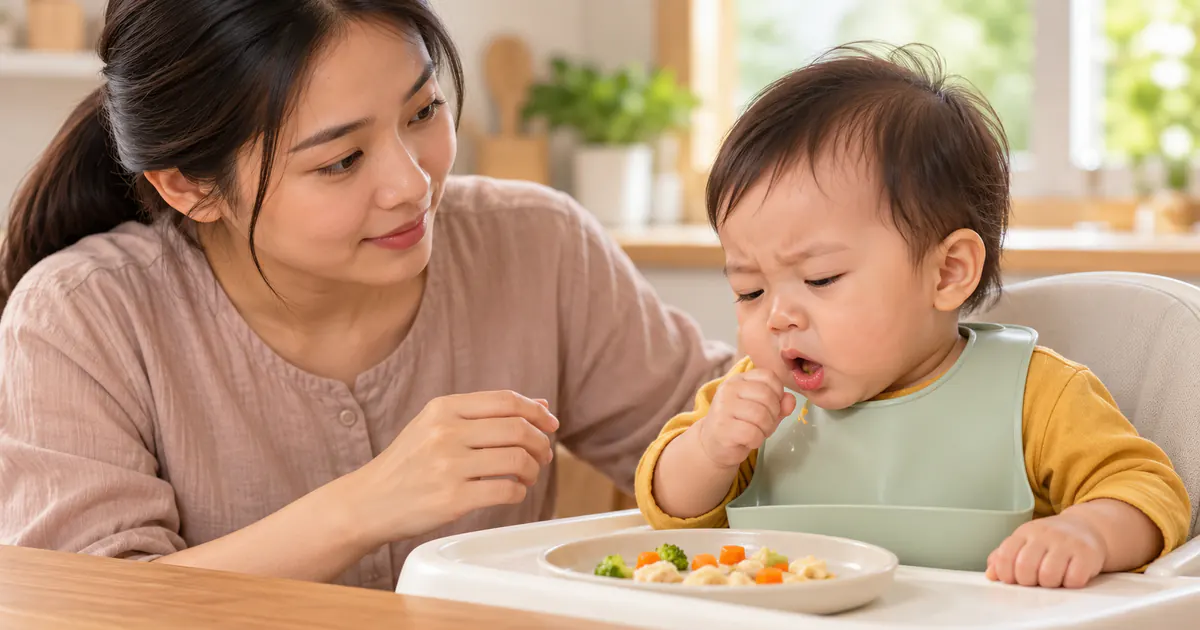 Người chăm sóc bình tĩnh quan sát phản xạ ọe khi trẻ tập ăn thô