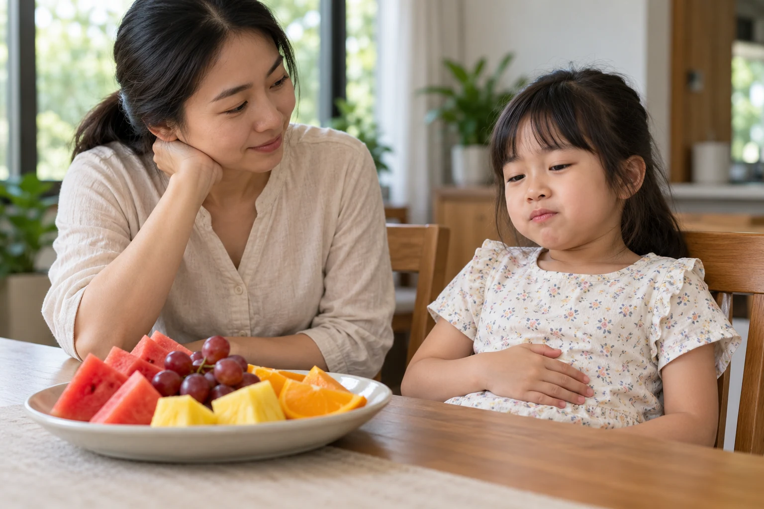 Cha quan sát trẻ ăn quá nhiều trái cây bị đầy bụng bên đĩa quả tươi