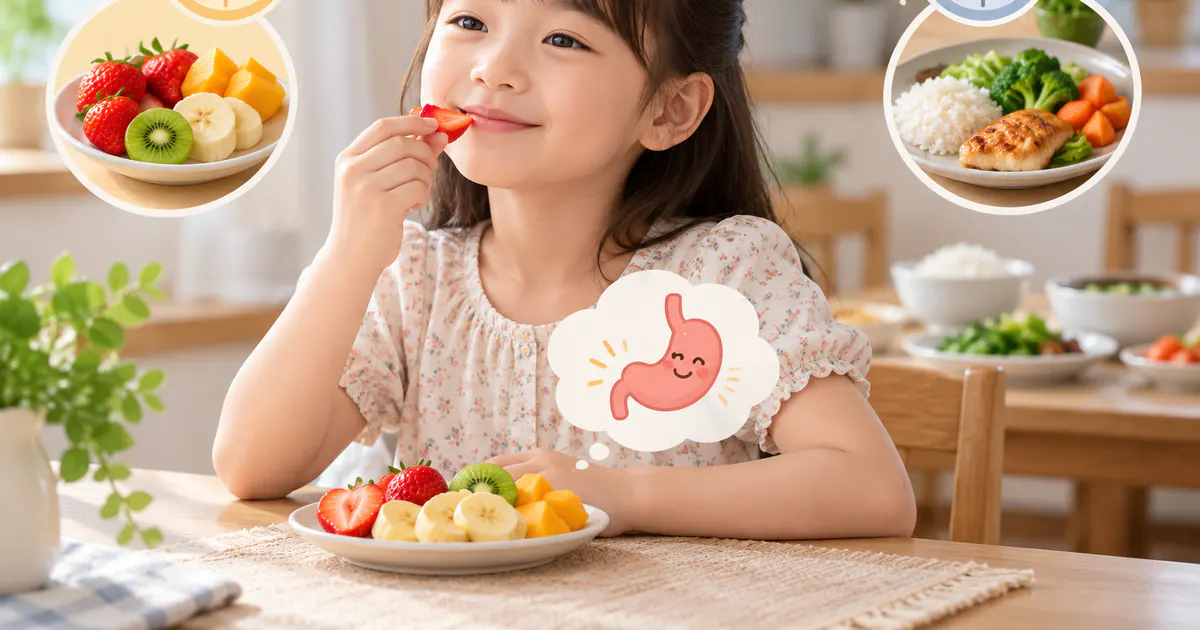 Trẻ ăn phần trái cây nhỏ vào bữa phụ với tư thế ngay ngắn