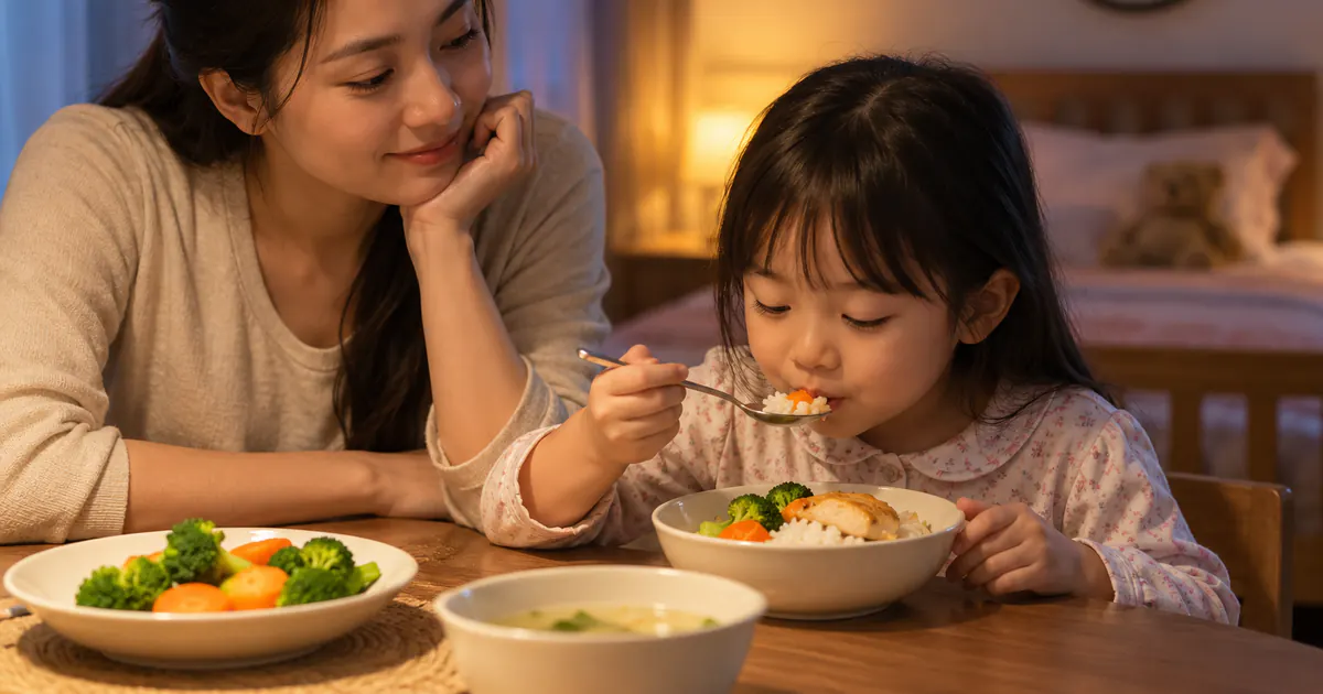 Mẹ quan sát trẻ ăn bữa tối để tìm hiểu trẻ ăn tối sát giờ ngủ có ảnh hưởng tiêu hóa không
