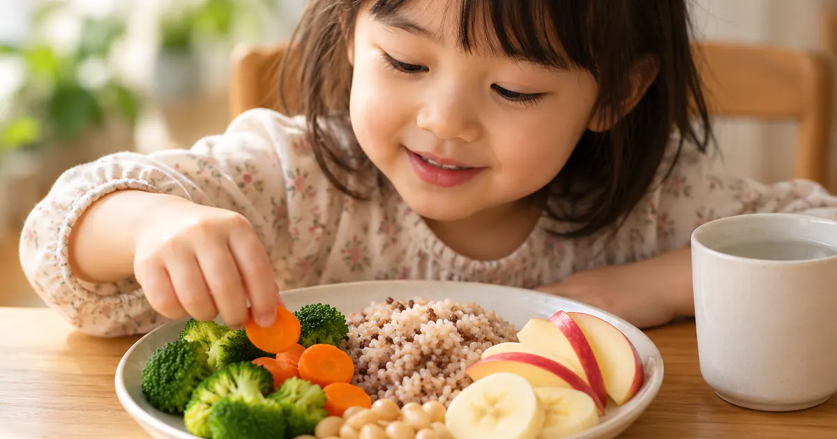 Bữa ăn nhỏ có rau quả, ngũ cốc và nước phù hợp cho trẻ