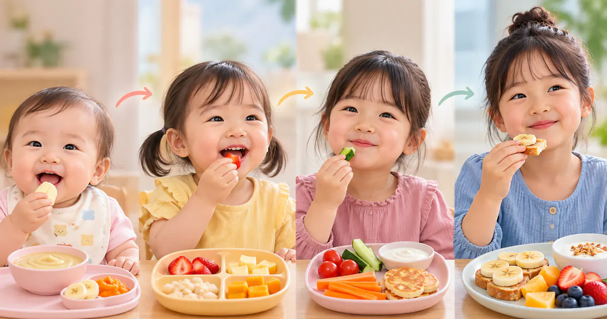 Minh họa số bữa phụ, khẩu phần và kết cấu món ăn thay đổi theo tuổi