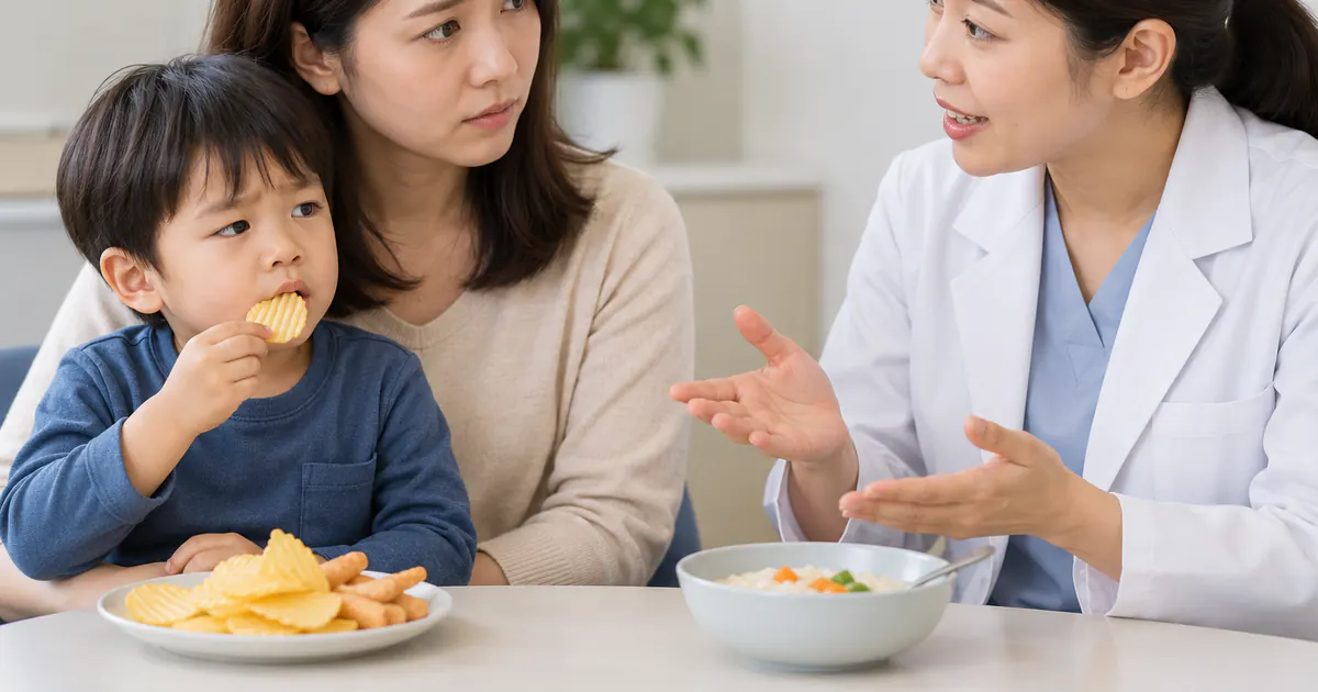 Cha mẹ trao đổi với nhân viên y tế về khó khăn ăn và nuốt của trẻ