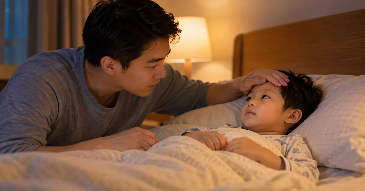 Cha theo dõi mức tỉnh táo và nhịp thở của trẻ đau bụng ban đêm